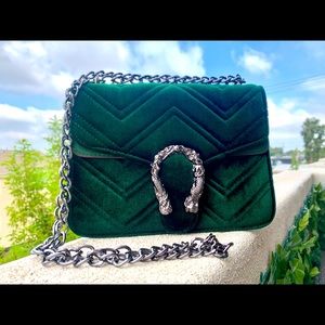 NEVER USED Velvet Green Mermaid Evening Purse with black silver hardware